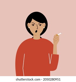 Smoke break. The woman smokes a cigarette, angry. Nicotine addiction. Smoking area. Vector illustration, flat style.