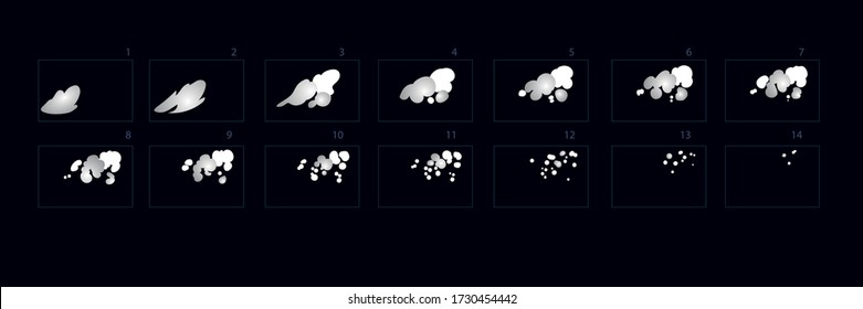 Smoke burst animation effect. Animation of smoke. Sprite sheet for game or cartoon or animation. 2d classic animation smoke effect.