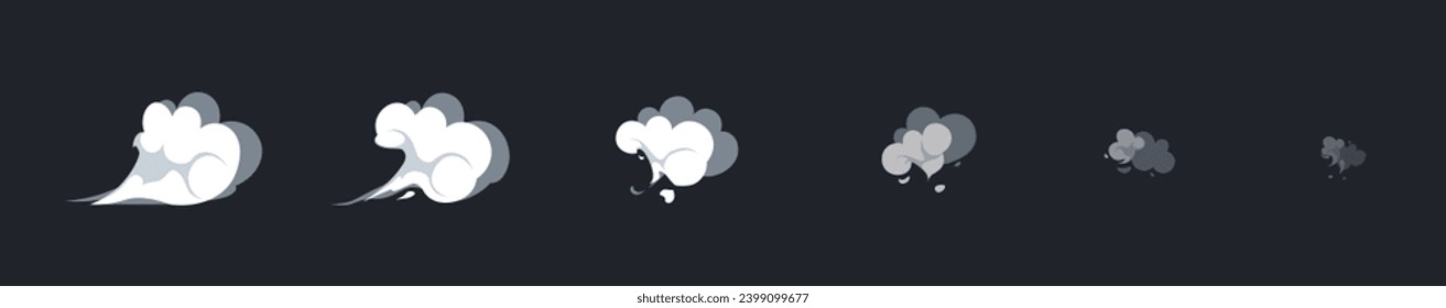 Smoke burst explosion animation. Footage of disappearing air flow or wind. Cloud or blast effect. Sprites for animation frame by frame. Cartoon flat vector illustration set isolated on dark background