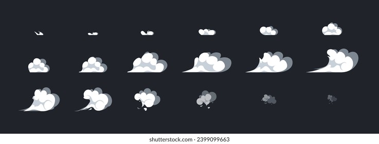 Smoke burst explosion animation frames. Sprites sheet for animating explosion effect, air flow or cloud. Design elements for game GUI. Cartoon flat vector illustration set isolated on dark background