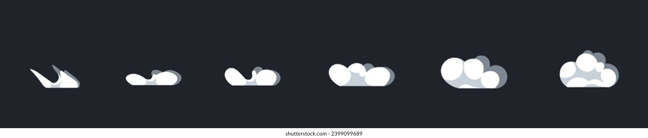 Smoke burst explosion animation. Moving cloud in night sky. Sequence of blast effect frames. Sprites for animation frame by frame. Cartoon flat vector illustration set isolated on dark background