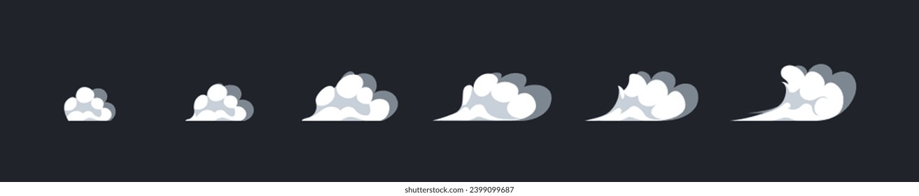 Animación de explosión de humo. Secuencia del flujo de aire, explosión, salpicadura o nube en movimiento. Sprites para animación fotograma a fotograma. Ilustración vectorial plana de dibujos animados aislada en fondo oscuro