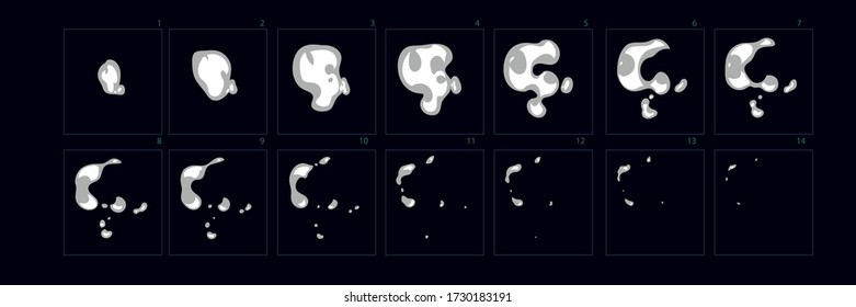 El efecto de explosión del humo. Animación con ráfagas de humo. Estilo de caricatura escudos hoja de animación de fuego .- Vector