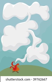 Smoke, campfire and background sky shapes are all on separate layers. Clouds are all one shape. Shading is separate shapes.