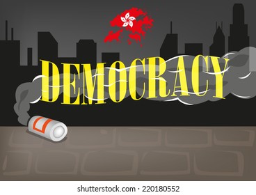 Smoke from a Can of Tear Gas covers the word Democracy. Hong Kong protest concept.