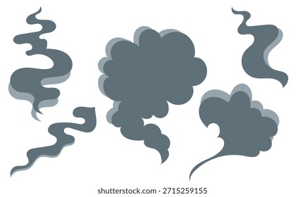Conjunto de iconos de nubes de dibujos animados de Smoke. Nubes de dibujos animados estilizados y bocanadas de humo sobre fondo blanco, iconos de fantasía juguetones para juegos, cómics y diseño creativo.