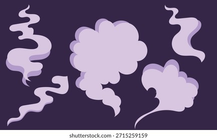 Conjunto de iconos de nubes de dibujos animados de Smoke. Nubes de dibujos animados estilizados y bocanadas de humo sobre fondo púrpura oscuro, iconos de fantasía juguetones para juegos, cómics y diseño creativo.
