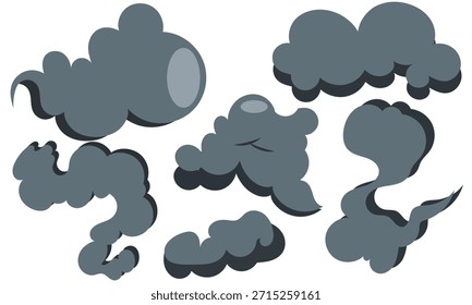 Conjunto de iconos de nubes de dibujos animados de Smoke. Nubes de dibujos animados estilizados y bocanadas de humo sobre fondo blanco, iconos de fantasía juguetones para juegos, cómics y diseño creativo.
