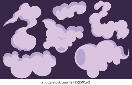 Conjunto de iconos de nubes de dibujos animados de Smoke. Nubes de dibujos animados estilizados y bocanadas de humo sobre fondo púrpura oscuro, iconos de fantasía juguetones para juegos, cómics y diseño creativo.
