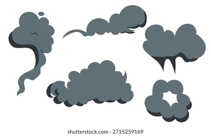 Conjunto de iconos de nubes de dibujos animados de Smoke. Nubes de dibujos animados estilizados y bocanadas de humo sobre fondo blanco, iconos de fantasía juguetones para juegos, cómics y diseño creativo.