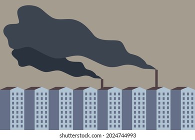 Smoke from chimney. Smog in the city above apartment building. Problem of air quality. Pollution. Environmental conservation. Climate change. Low visibility. Unclear atmosphere. Vector illustration.