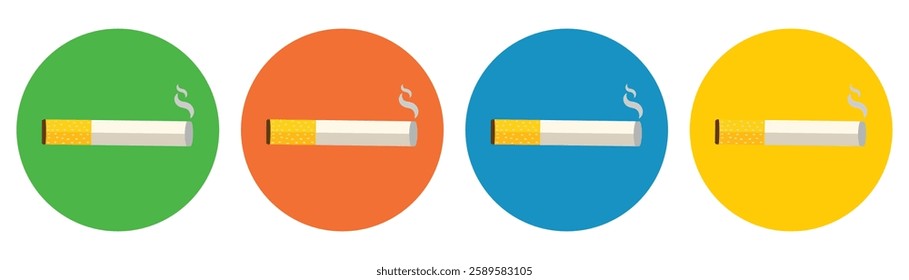 Smoke cigarette icon set. Smoke icon cigarette website logo design. Cigarette simple sign in colourful circle symbol isolated on white background. Colourful cigarette sign. Vector illustration. Eps 10