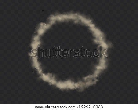 Smoke circle, round smog cloud, brown heavy dust steam with motes, sand and soil particles isolated on transparent background. Cigarette vapor design element Realistic 3d vector illustration, clip art