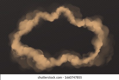 Smoke circle, round wavy smog cloud frame, brown heavy dust steam with motes, sand and soil particles isolated on transparent background. Cigarette vapor realistic 3d vector illustration, clip art