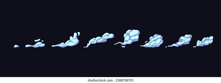 Smoke Cloud Animation. Cartoon Motion Explosions. Comic Clouds, Steaming Smoke Flows, Air Trail, Dust, Explosion, Smog, Bang, Boom, Sprite And Bubble. Isolated Vector Illustration