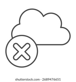 Smoke cloud ban thin line icon, cloud storage concept. Vector graphics. Cloud with close button, forbidden item sign on white background, outline style icon for mobile or web design