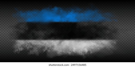 Nube de Smoke con los colores de la bandera estonia. Azul, negro, blanco gradiente realista niebla colorida aislado en fondo semi transparente oscuro. Ilustración vectorial de buena calidad.
