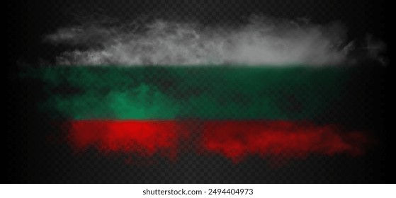 Smoke cloud in the colors of flag of Bulgaria country. White, green, red realistic gradient colorful fog isolated on dark semi transparent background. Vector illustration.
