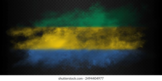 Nube de Smoke en los colores de la bandera del país de Gabón. niebla colorida de gradiente realista verde, amarillo, azul aislado sobre fondo oscuro semitransparente. Ilustración vectorial.
