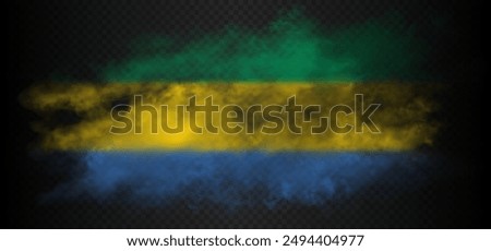 Smoke cloud in the colors of flag of Gabon country. green, yellow, blue realistic gradient colorful fog isolated on dark semi transparent background. Vector illustration.
