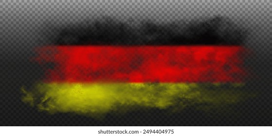 Nube de Smoke en los colores de la bandera del país de Alemania. Negro, rojo, amarillo degradado realista niebla colorida aislado en fondo oscuro semitransparente. Ilustración vectorial.
