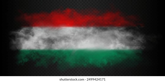 Smoke cloud in the colors of flag of Hungary country. red, white, green realistic gradient colorful fog isolated on dark semi transparent background. Vector illustration.
