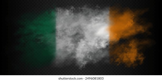 Smoke cloud in the colors of flag of Ireland country. Green, white and orange realistic gradient colorful fog isolated on dark semi transparent background. Good quality vector illustration.