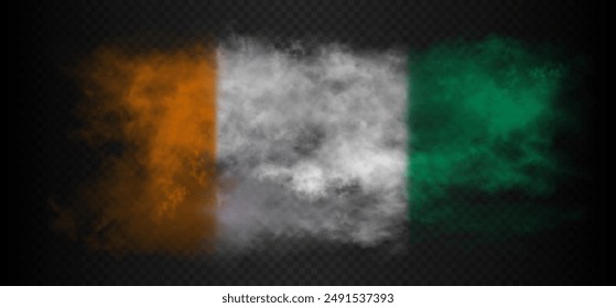 Smoke cloud in the colors of flag of Ivory Coast country. Orange, white, green realistic gradient colorful fog isolated on dark semi transparent background. Vector illustration.
