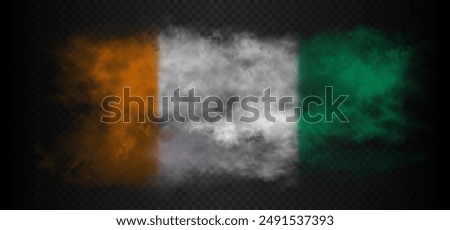 Smoke cloud in the colors of flag of Ivory Coast country. Orange, white, green realistic gradient colorful fog isolated on dark semi transparent background. Vector illustration.
