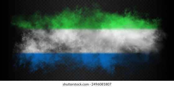 Nube de Smoke con los colores de la bandera del país de Sierra Leona. Verde, blanco y azul claro gradiente realista niebla colorida aislada sobre fondo semi transparente oscuro. Ilustración vectorial.
