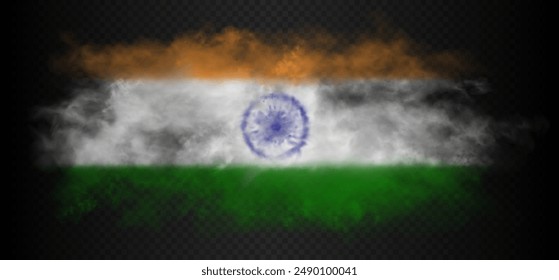 Smoke cloud in the colors of the Indian flag. Green, white and deep saffron realistic gradient colorful fog isolated on dark semi transparent background. Conceptual good quality vector illustration.