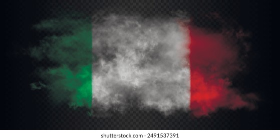 Smoke cloud in the colors of the italian flag. Green, white, red realistic gradient colorful fog isolated on dark semi transparent background. Good quality vector illustration.
