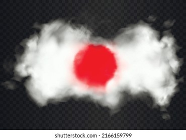 Smoke Cloud In The Colors Of The Japan Flag. White Realistic Cloud With Red Circle Inside Isolated On Dark Semi Transparent Background. Conceptual Good Quality National Vector Illustration.