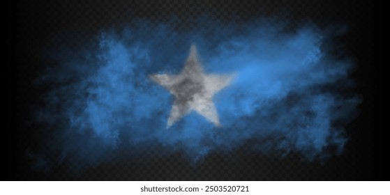 Smoke cloud in the colors of the Somali flag. Somalian country sky blue with white star realistic gradient colorful fog isolated on dark semi transparent background. Vector illustration.
