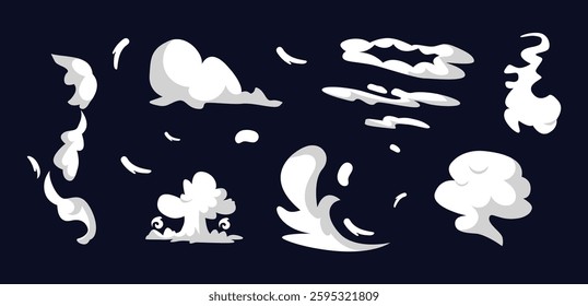 smoke cloud comic set. Comic smoke flows, dust, smog and smoke steaming cloud silhouettes