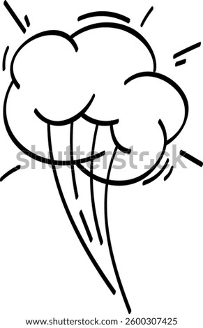 Smoke cloud escaping and moving fast creating a funny explosion effect drawn with thin black lines on white background, ideal for comics and cartoons