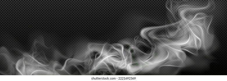 Smoke cloud png isolated on transparent background. Realistic vector illustration of poisonous nicotine smog from smoldering cigarette or fire. White steam, mist. Hypnotizing magic haze, evaporation