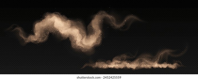 Smoke cloud with sand and soil particles. Realistic 3d vector illustration of desert sandstorm wind effect on transparent background. Car speed smog or mist pollution. Brown dirty powder texture.