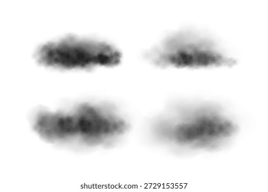 Conjunto de nube de Smoke con Formas de niebla negras y grises sobre fondo blanco. Textura de vapor realista con diferentes niveles de opacidad y difusión. Ilustración vectorial atmosférica suave transparente.