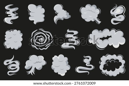 Smoke cloud shapes set. Soft stylized vapor elements with swirling forms and different density variations for effects and overlays