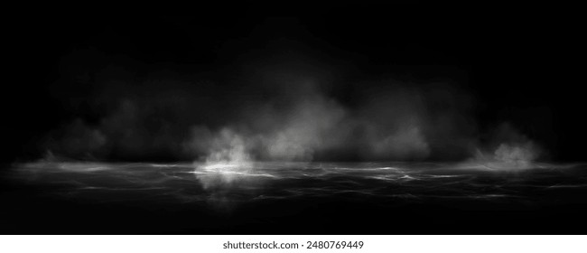 Smoke clouds above black water surface. Vector realistic illustration of white fog, steam, mist over spooky sea waves, dark river splashing in scary smog, mysterious Halloween atmosphere, horror night