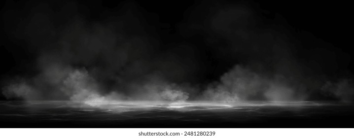 Smoke clouds above black water surface. Vector realistic illustration of white fog, steam, mist over spooky sea waves, dark river splashing in scary smog, mysterious Halloween atmosphere, horror night