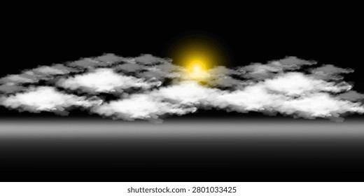 Smoke clouds above black water surface. Vector realistic illustration of white fog, steam, mist over spooky sea waves, dark river splashing in scary smog, mysterious Halloween atmosphere, horror night