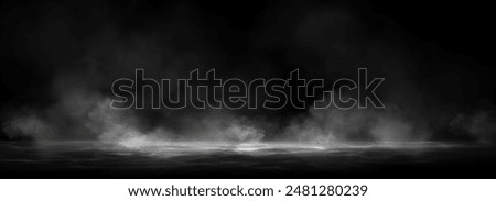 Smoke clouds above black water surface. Vector realistic illustration of white fog, steam, mist over spooky sea waves, dark river splashing in scary smog, mysterious Halloween atmosphere, horror night