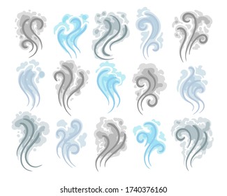 Smoke clouds doodle icons. Incense comic steams waves vector doodles, fog cloud shapes or vapour smoking fumes streams