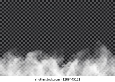 Smoke clouds on transparent background. Realistic fog or mist texture isolated on background. Transparent smoke effect. Vector