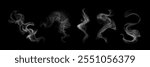Smoke clouds set isolated on black background. Vector realistic illustration of abstract steam effect, hot dish or drink vapor, white fog or mist swirls, light smoky haze, hookah or cigarette trail
