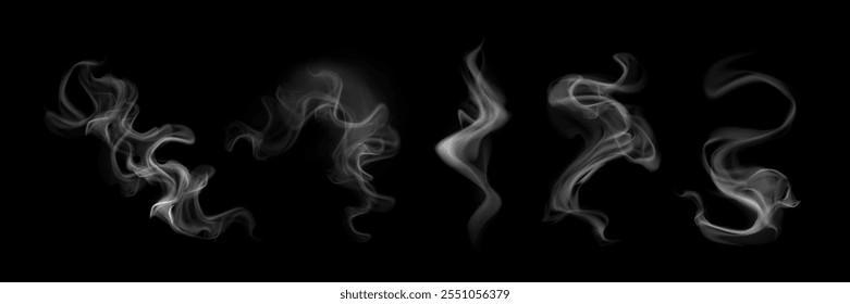 Nuvens de fumaça se colocam isoladas sobre fundo preto. Ilustração vetorial realista de efeito de vapor abstrato, prato quente ou vapor de bebida, nevoeiro branco ou espirais de névoa, névoa fumegante leve, narguilé ou rastro de cigarro