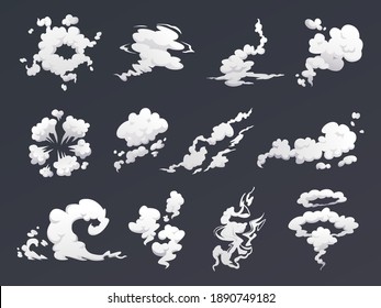 Smoke Clouds Set Of Special Effects Isolated On Dark Background. Vector Cartoon Steam Or Fog, Cloud Of Smog And Dust. Cloudy Sky, Pollution Explosion, Trail From Car Gas, Steam Of Vapor In Movement