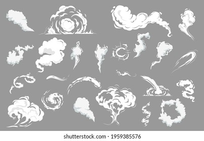 Smoke clouds set of special effects isolated on dark background. cartoon steam or fog, cloud of smog and dust. vector illustration.